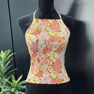 Billabong Halter,smocked, tie neck, gold logo tag, Daisy/floral print,retro
